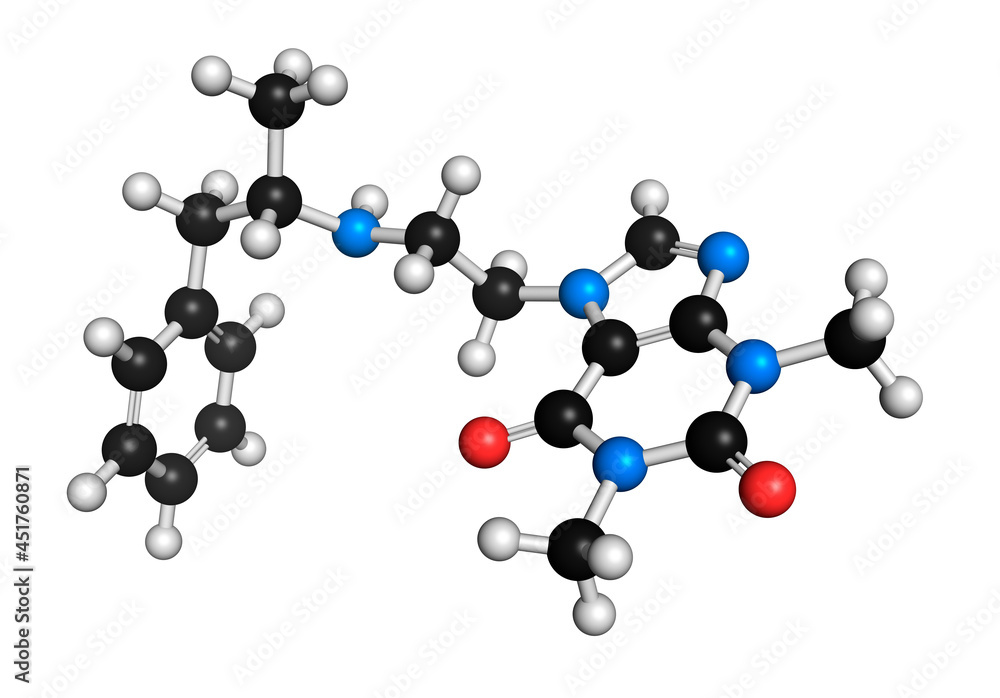 Fenetylline stimulant drug molecule, illustration Fenetylline stimulant drug molecule, illustration