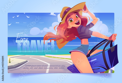 Travel banner with girl on vacation at sea shore © klyaksun