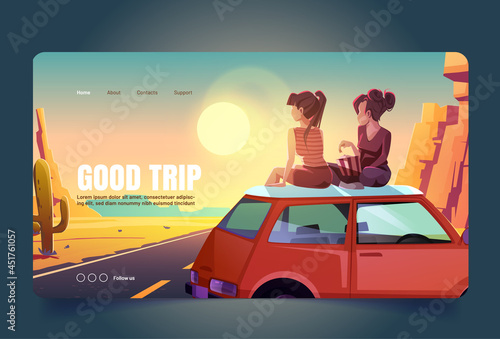 Good trip cartoon landing, girlfriends on car roof
