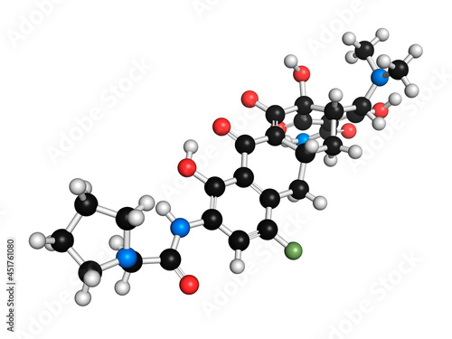 Eravacycline antibiotic drug molecule, illustration photo