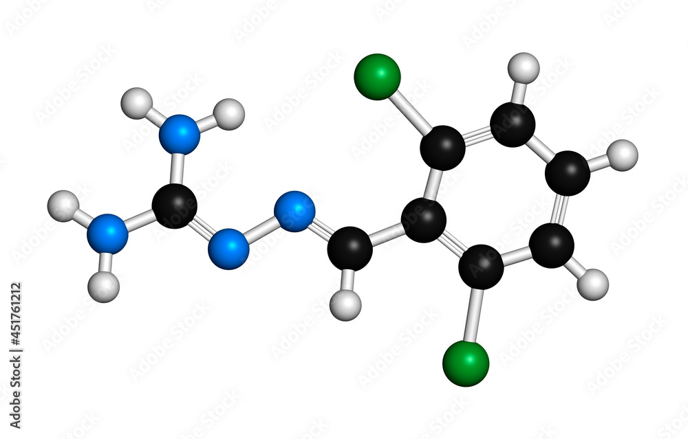 Guanabenz antihypertensive drug molecule, illustration Guanabenz antihypertensive drug molecule, illustration