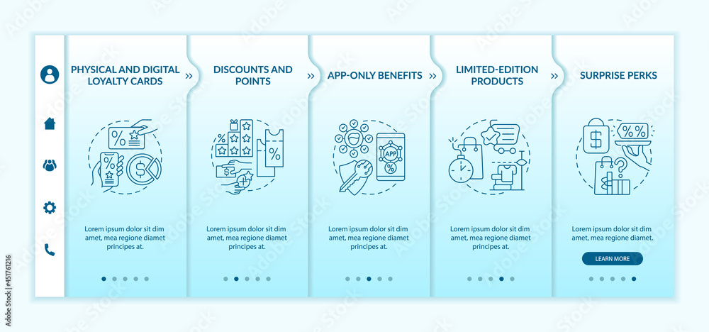 Grocery shop loyalty program ideas onboarding vector template. Responsive mobile website with icons. Web page walkthrough 5 step screens. Loyalty card color concept with linear illustrations