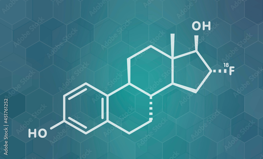 Fluoroestradiol F-18 diagnostic molecule, illustration Fluoroestradiol F-18 diagnostic molecule, illustration