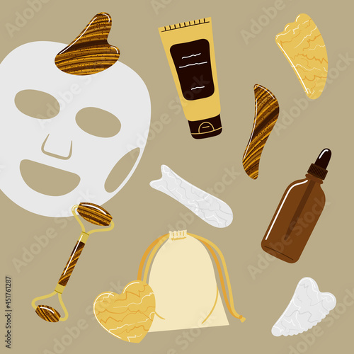 Beauty skin care concept of oil bottle, cream, facial mask, gua sha stones, rollers are made of white, yellow jade and tiger eye. Top view. Hand drawn and line vector illustration.