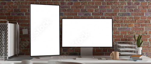 Modern contemporary workspace with two computer monitor blank screen mockup