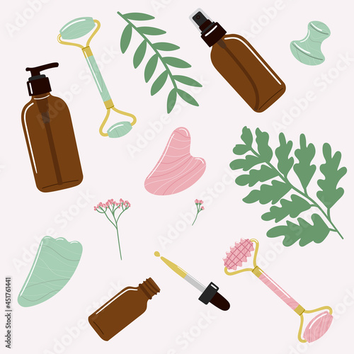 Beauty skin care concept of oil bottles, flowers, leaves, gua sha stones, rollers are made of rose quartz and green aventurine. Top view. Hand drawn and line vector illustration.