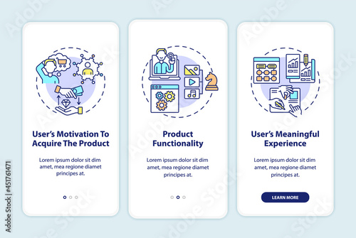 UX rules onboarding mobile app page screen. User motivation, product functionality walkthrough 3 steps graphic instructions with concepts. UI, UX, GUI vector template with linear color illustrations