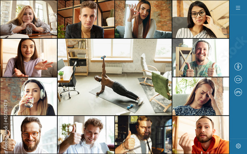 Collage, composite image. Group of young people watching online sport trainings, lessons using video app. PC, laptop screen with fitness coach and spectators, fans.