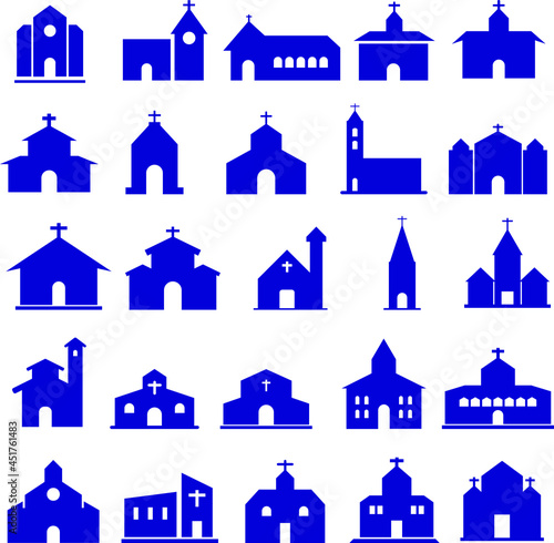Church buildings blue flat icon collection set