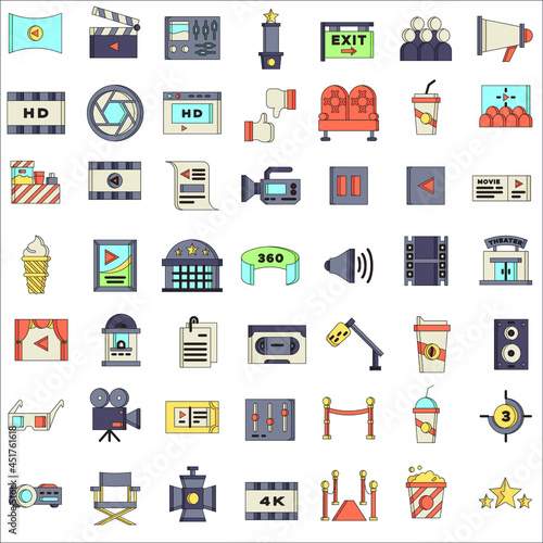 Cinema field colour flat icon collection set