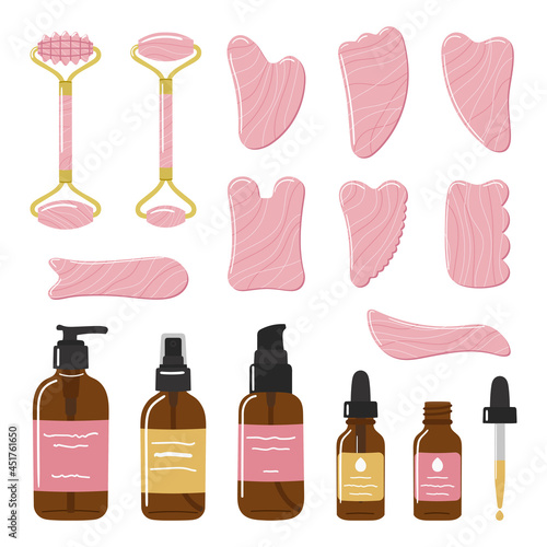 Big set of organic skin care products, face oil, gua sha stones, rollers are made of rose quartz. Home beauty skin care routine. Hand drawn vector illustration.