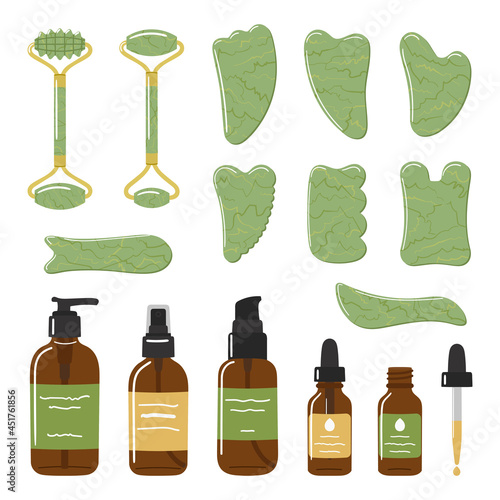 Big set of organic skin care products, face oil, gua sha stones, rollers are made of green jade. Home beauty skin care routine. Hand drawn vector illustration.