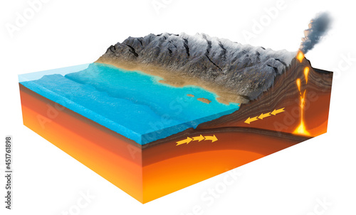 Convergent tectonic plate boundary, illustration photo