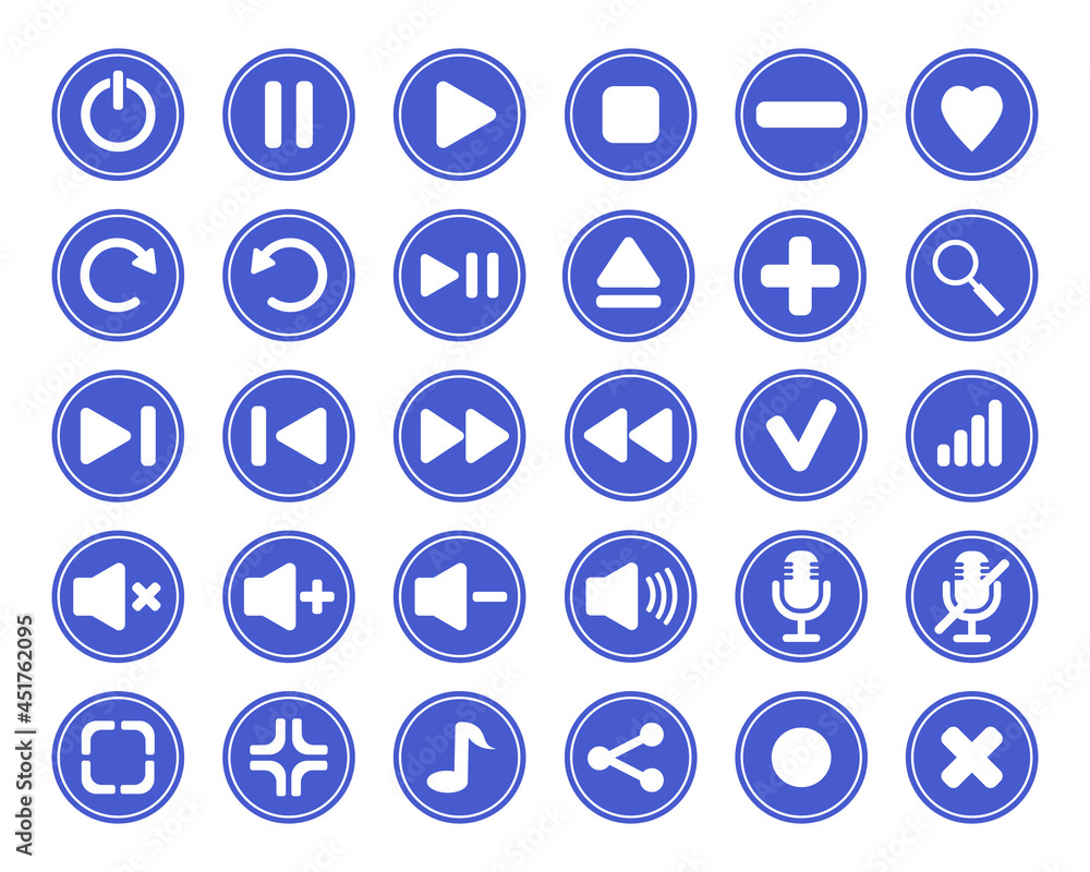 Media player control buttons. Blue round icons Media player control buttons. Blue round icons