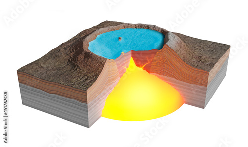 Collapsed caldera filled with water, illustration