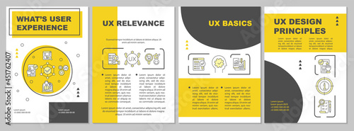 User experience brochure template. UX basics. Design rules. Flyer, booklet, leaflet print, cover design with linear icons. Vector layouts for presentation, annual reports, advertisement pages