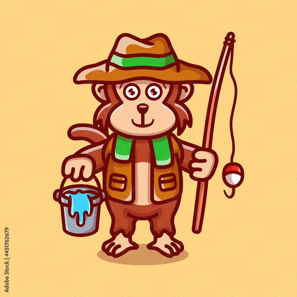 Naklejka premium cute monkey fisherman cartoon illustration