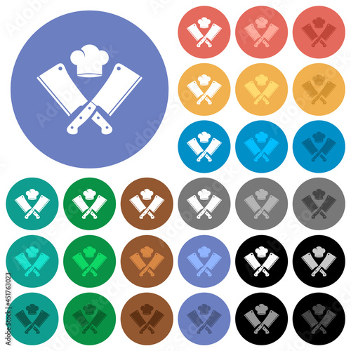 Two crossed meat cleavers and chef hat round flat multi colored icons