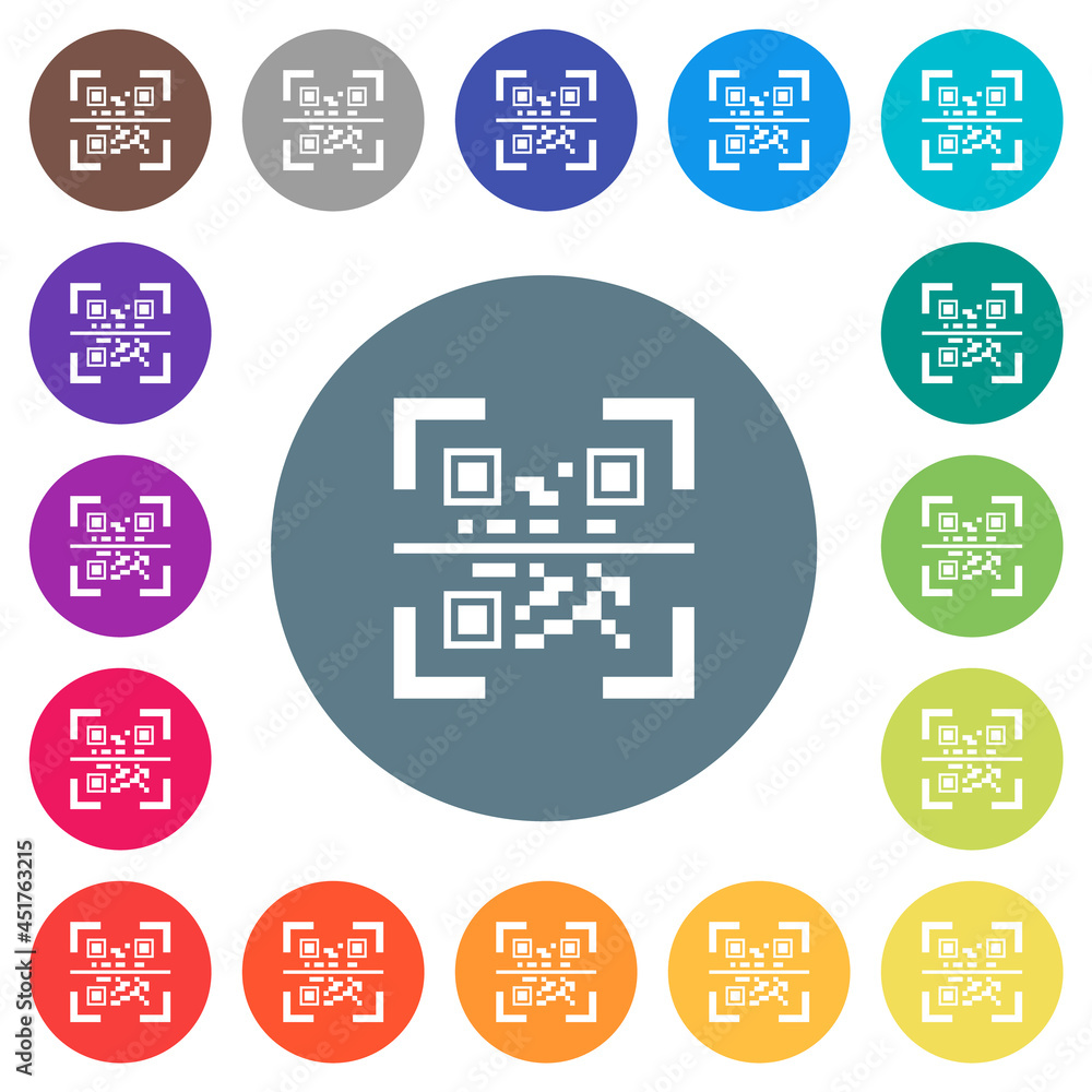 QR code scanning flat white icons on round color backgrounds QR code scanning flat white icons on round color backgrounds