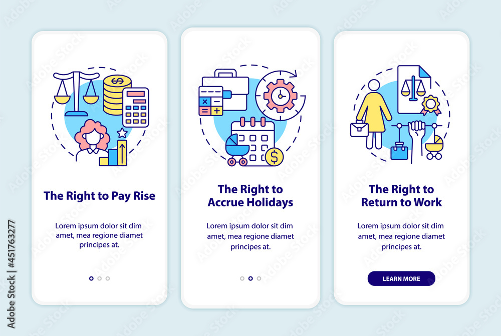 Maternity leave employee rights onboarding mobile app page screen. Entitlements walkthrough 3