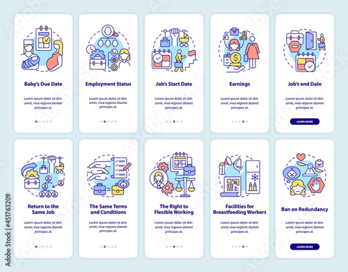 Maternity leave related onboarding mobile app page screen set . Return to work walkthrough 5 steps graphic instructions with concepts. UI, UX, GUI vector template with linear color illustrations