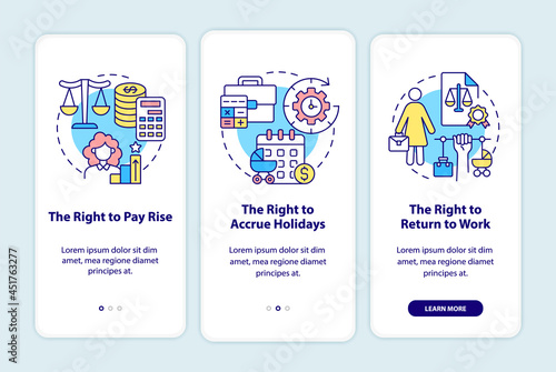 Maternity leave employee rights onboarding mobile app page screen. Entitlements walkthrough 3 steps graphic instructions with concepts. UI, UX, GUI vector template with linear color illustrations photo