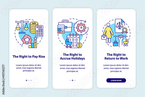 Maternity leave employee rights onboarding mobile app page screen. Entitlements walkthrough 3 steps graphic instructions with concepts. UI, UX, GUI vector template with linear color illustrations