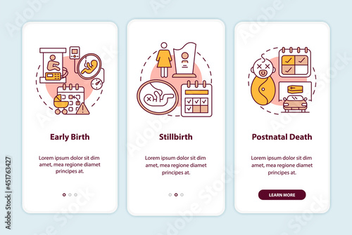 Maternity leave entitlement cases onboarding mobile app page screen. Labor risks walkthrough 3 steps graphic instructions with concepts. UI, UX, GUI vector template with linear color illustrations