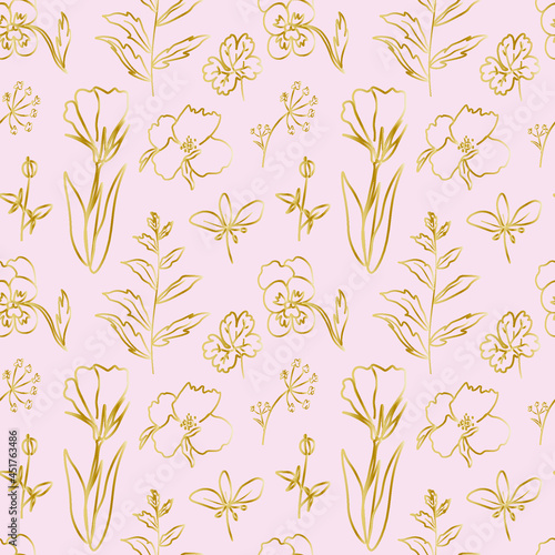 Seamless floral vector pattern with gold line on soft pink hand drawn background.Botanical repeating ornament in doodle style.Design for wrapping paper,packaging,textiles,fabric,web,social media.