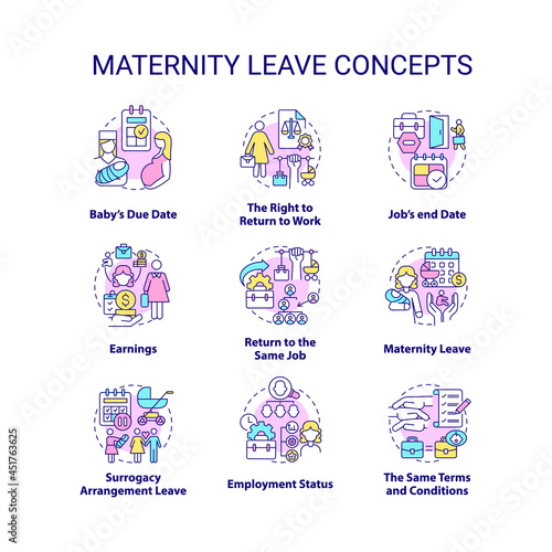 Maternity leave related concept icons set. Employee rights and entitlements idea thin line color illustrations. New parents protection at workplace. Vector isolated outline drawings. Editable stroke