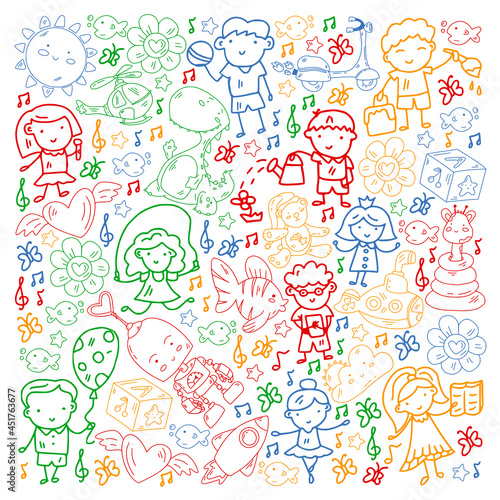 Children play with toys in the kindergarten. Kids playground. Education, creativity, imagination.