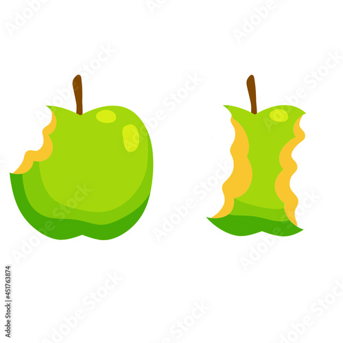 Green apple core. Bitten sweet fruit. Garbage and food. Flat cartoon illustration