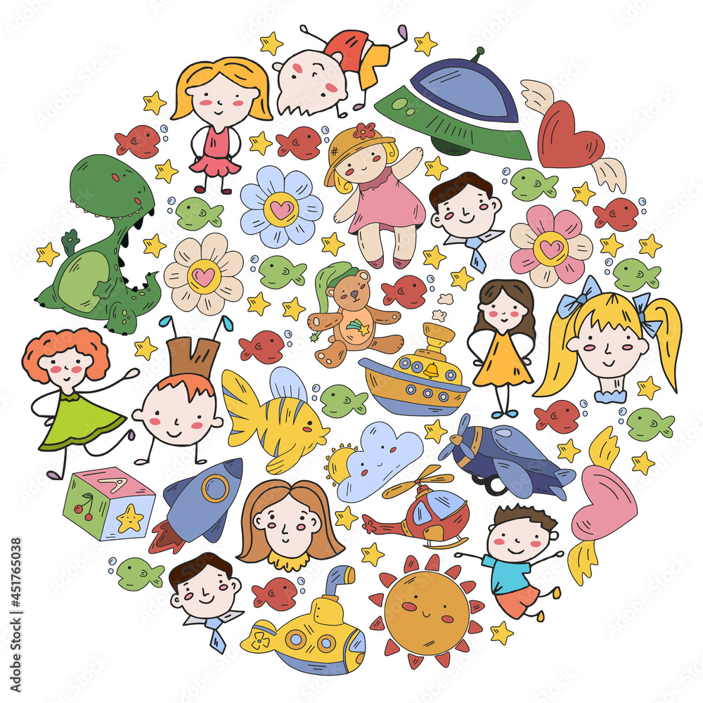 Children play with toys in the kindergarten. Kids playground. Education, creativity, imagination. Children play with toys in the kindergarten. Kids playground. Education, creativity, imagination.