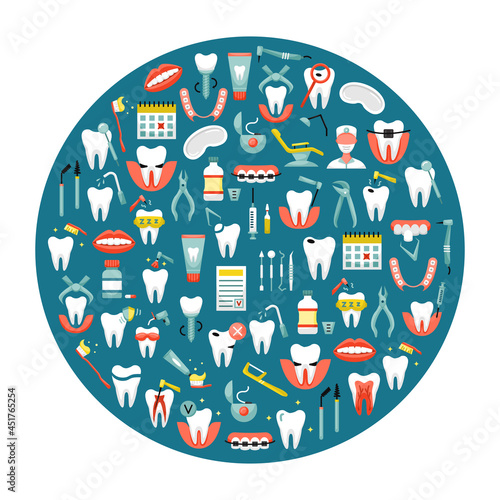 Vector illustration of flat dentistry icons in a round shape