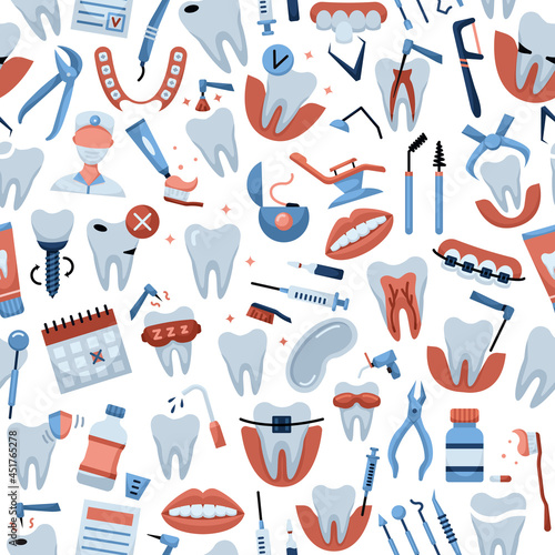 Vector seamless pattern with dentistry icons. Dental background