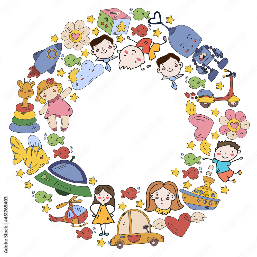 Children play with toys in the kindergarten. Kids playground. Education, creativity, imagination. Children play with toys in the kindergarten. Kids playground. Education, creativity, imagination.