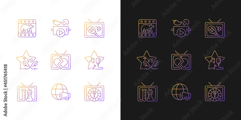 TV gradient icons set for dark and light mode. Wildlife documentary. Tennis competition. Thin line contour symbols bundle. Isolated vector outline illustrations collection on black and white