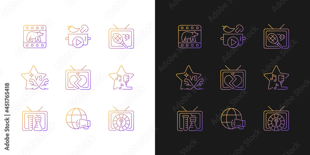 TV gradient icons set for dark and light mode. Wildlife documentary. Tennis competition. Thin line contour symbols bundle. Isolated vector outline illustrations collection on black and white TV gradient icons set for dark and light mode. Wildlife documentary. Tennis competition. Thin line contour symbols bundle. Isolated vector outline illustrations collection on black and white