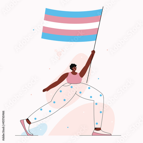 Vector illustration with transgender african american person with rainbow flag in his hand going to the demonstration.