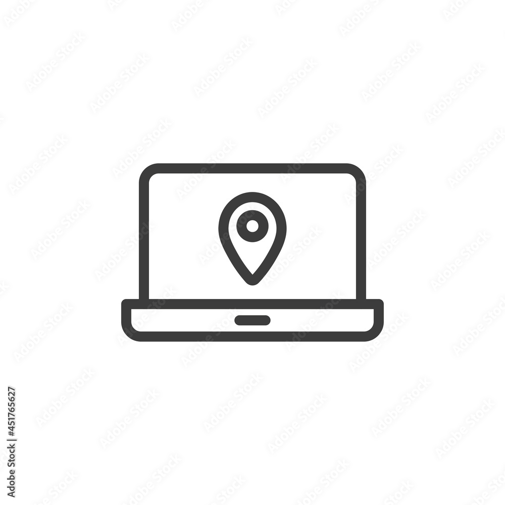 Laptop with map pin icon. Location or navigation sign