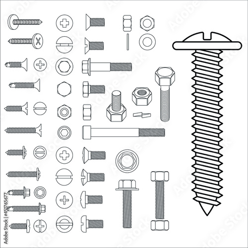 screw bolt and nuts big set outline top and side isometric view blueprint scheme 