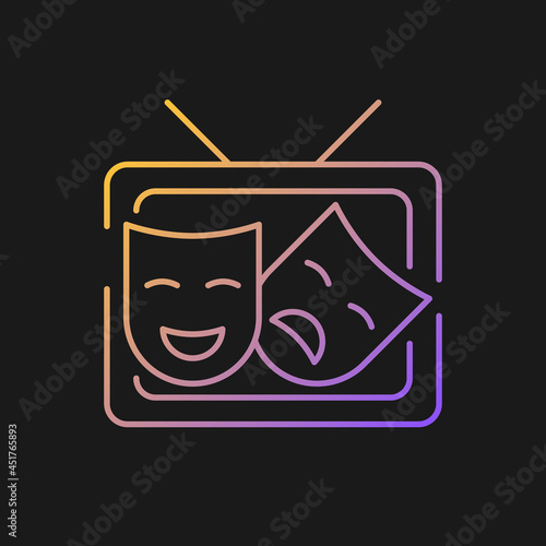 TV drama gradient vector icon for dark theme. Theatrical performance translation on display. Comedy acting. Thin line color symbol. Modern style pictogram. Vector isolated outline drawing