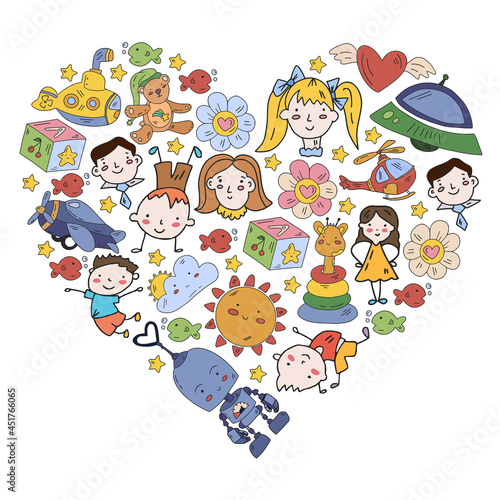 Children play with toys in the kindergarten. Kids playground. Education, creativity, imagination.