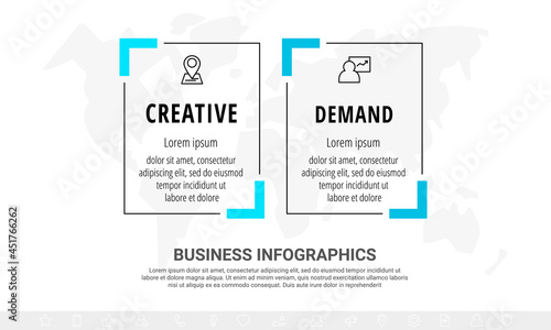 Vector minimal line infographics with rectangles and icons. Business timeline 2 steps by step, options, labels, squares. Flat template with two ways for chart, diagram, flowchart, app