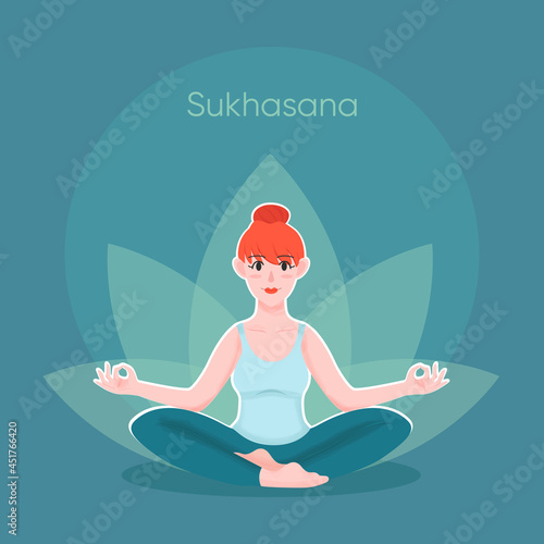 Young red hair woman practice yoga pose sitting on floor in lotus pose sukhusana