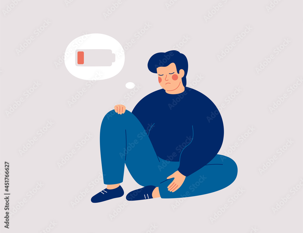 Tired man with overweight hugs his knees and sits with a discharged battery in his thoughts. Fatigued boy is in emotional burnout or mental disorder. Mental disorder or illness concept. Vector