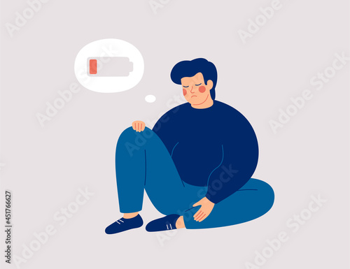 Tired man with overweight hugs his knees and sits with a discharged battery in his thoughts. Fatigued boy is in emotional burnout or mental disorder. Mental disorder or illness concept. Vector