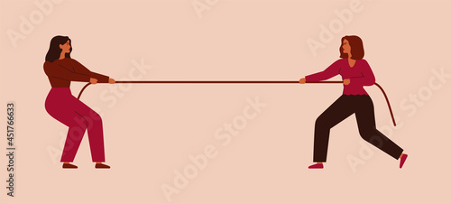 Two women tug of war and look at each other. Businesswomen pull of rope or compete for something. Concept of business competition. Vector illustration