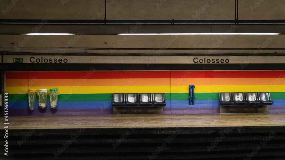 Metro Station colosseo in Rome, Painted in Rainbow Colors, LGBTQ Metro Station colosseo in Rome, Painted in Rainbow Colors, LGBTQ