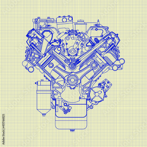 engine blueprint outline  vector illustration